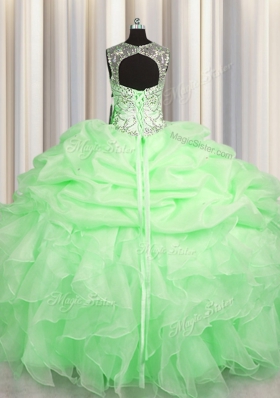 Attractive See Through Organza Lace Up Scoop Sleeveless Floor Length Quinceanera Gowns Beading and Ruffles and Pick Ups