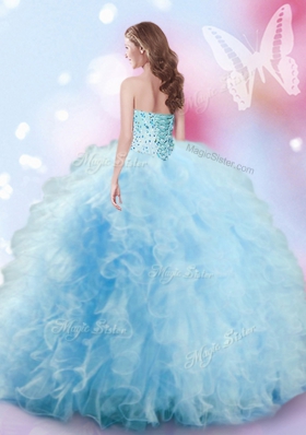 Baby Blue Lace Up Quinceanera Dress Beading and Ruffles Sleeveless Floor Length