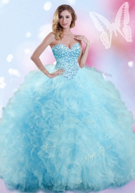 Baby Blue Lace Up Quinceanera Dress Beading and Ruffles Sleeveless Floor Length