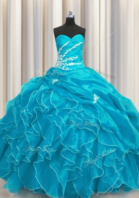 Beading and Appliques and Ruffles Quinceanera Gowns Aqua Blue Lace Up Sleeveless Floor Length