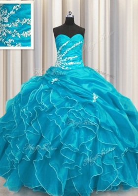 Beading and Appliques and Ruffles Quinceanera Gowns Aqua Blue Lace Up Sleeveless Floor Length
