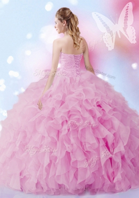 Beauteous Rose Pink Sweetheart Lace Up Beading and Ruffles Quinceanera Dress Sleeveless