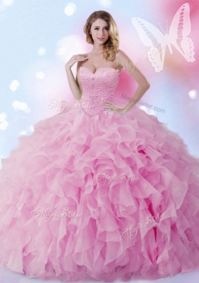 Beauteous Rose Pink Sweetheart Lace Up Beading and Ruffles Quinceanera Dress Sleeveless