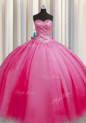 Big Puffy Sweetheart Sleeveless Ball Gown Prom Dress Floor Length Beading Rose Pink Tulle