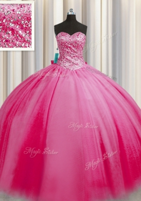 Big Puffy Sweetheart Sleeveless Ball Gown Prom Dress Floor Length Beading Rose Pink Tulle