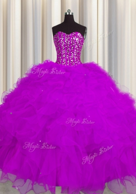 Captivating Visible Boning Sweetheart Sleeveless Ball Gown Prom Dress Floor Length Beading and Ruffles and Sequins Fuchsia Tulle