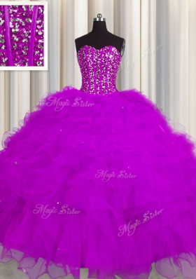 Captivating Visible Boning Sweetheart Sleeveless Ball Gown Prom Dress Floor Length Beading and Ruffles and Sequins Fuchsia Tulle