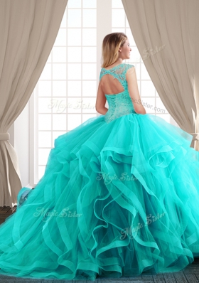 Cheap Three Piece Scoop Royal Blue Ball Gowns Beading and Appliques and Ruffles Quinceanera Gown Lace Up Tulle Cap Sleeves With Train