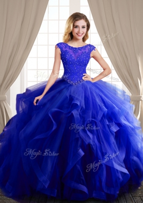 Cheap Three Piece Scoop Royal Blue Ball Gowns Beading and Appliques and Ruffles Quinceanera Gown Lace Up Tulle Cap Sleeves With Train