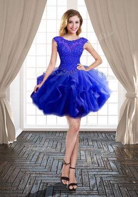 Cheap Three Piece Scoop Royal Blue Ball Gowns Beading and Appliques and Ruffles Quinceanera Gown Lace Up Tulle Cap Sleeves With Train