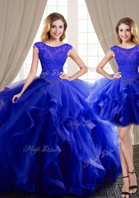Cheap Three Piece Scoop Royal Blue Ball Gowns Beading and Appliques and Ruffles Quinceanera Gown Lace Up Tulle Cap Sleeves With Train
