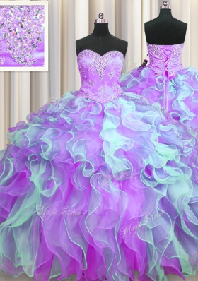 Chic Sweetheart Sleeveless Organza Quinceanera Gown Beading and Appliques and Ruffles Lace Up