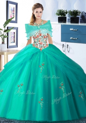 Colorful Three Piece Pick Ups Halter Top Sleeveless Lace Up Vestidos de Quinceanera Turquoise Tulle