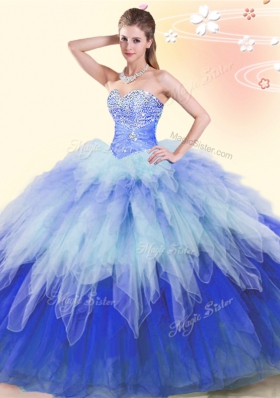 Custom Made Multi-color Sleeveless Floor Length Beading and Ruffles Lace Up Quinceanera Dresses