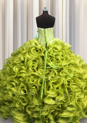 Customized Visible Boning Olive Green Ball Gowns Beading and Ruffles Vestidos de Quinceanera Lace Up Organza Sleeveless Floor Length