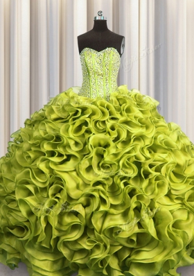 Customized Visible Boning Olive Green Ball Gowns Beading and Ruffles Vestidos de Quinceanera Lace Up Organza Sleeveless Floor Length