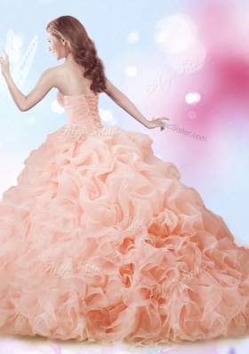 Decent Peach Sweetheart Neckline Beading and Ruffles and Pick Ups Vestidos de Quinceanera Sleeveless Lace Up