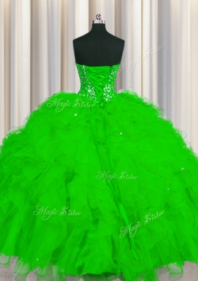 Deluxe Visible Boning Ball Gowns Beading and Ruffles and Sequins Quince Ball Gowns Lace Up Tulle Sleeveless Floor Length