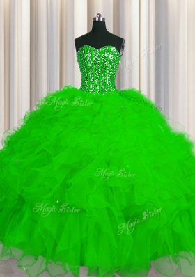 Deluxe Visible Boning Ball Gowns Beading and Ruffles and Sequins Quince Ball Gowns Lace Up Tulle Sleeveless Floor Length