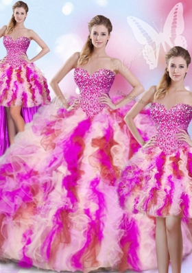 Enchanting Four Piece Sweetheart Sleeveless Tulle Sweet 16 Dress Beading and Ruffles Lace Up