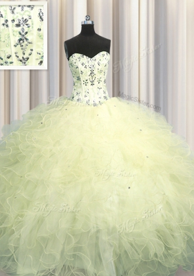 Fashion Visible Boning Floor Length Lace Up Sweet 16 Dresses Light Yellow and In for Military Ball and Sweet 16 and Quinceanera with Beading and Appliques and Ruffles