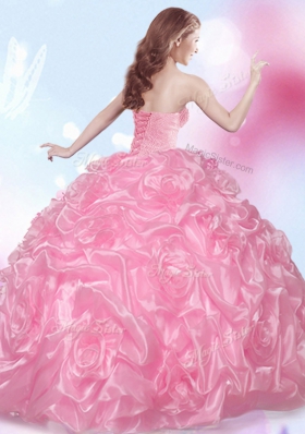 Floor Length Lace Up Sweet 16 Dress Rose Pink and In for Military Ball and Sweet 16 and Quinceanera with Beading