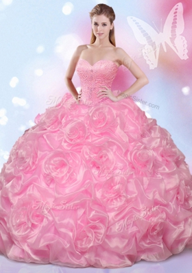Floor Length Lace Up Sweet 16 Dress Rose Pink and In for Military Ball and Sweet 16 and Quinceanera with Beading