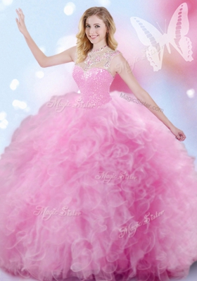 Floor Length Zipper Quinceanera Dresses Rose Pink and In for Military Ball and Sweet 16 and Quinceanera with Beading and Ruffles and Pick Ups