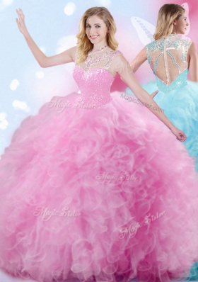 Floor Length Zipper Quinceanera Dresses Rose Pink and In for Military Ball and Sweet 16 and Quinceanera with Beading and Ruffles and Pick Ups