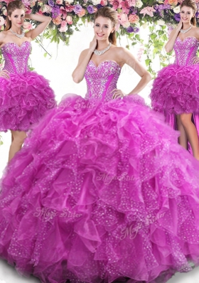 Hot Selling Four Piece Fuchsia Quinceanera Dress Military Ball and Sweet 16 and Quinceanera and For with Beading and Ruffles Sweetheart Sleeveless Lace Up