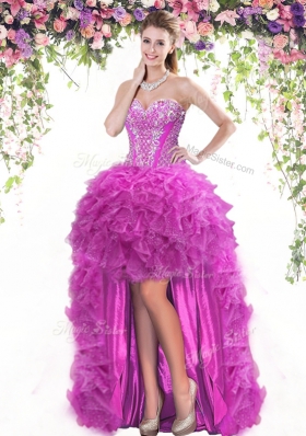 Hot Selling Four Piece Fuchsia Quinceanera Dress Military Ball and Sweet 16 and Quinceanera and For with Beading and Ruffles Sweetheart Sleeveless Lace Up