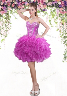 Hot Selling Four Piece Fuchsia Quinceanera Dress Military Ball and Sweet 16 and Quinceanera and For with Beading and Ruffles Sweetheart Sleeveless Lace Up