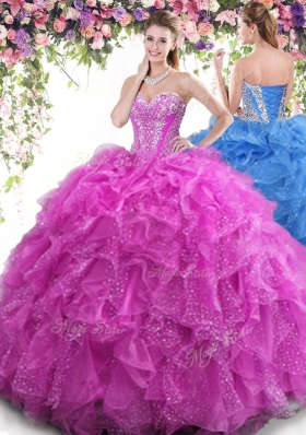 Hot Selling Four Piece Fuchsia Quinceanera Dress Military Ball and Sweet 16 and Quinceanera and For with Beading and Ruffles Sweetheart Sleeveless Lace Up