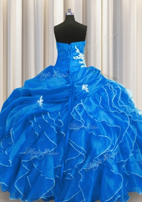 Latest Blue Sleeveless Organza Lace Up Sweet 16 Dress for Military Ball and Sweet 16 and Quinceanera