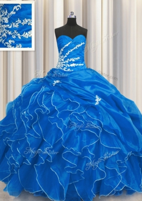 Latest Blue Sleeveless Organza Lace Up Sweet 16 Dress for Military Ball and Sweet 16 and Quinceanera