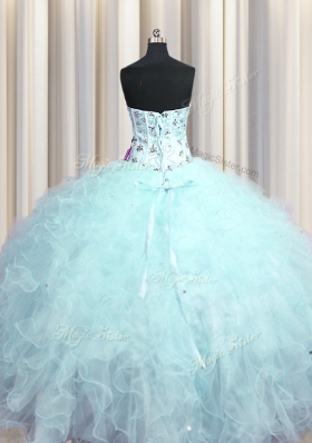 Modern Visible Boning Tulle Sleeveless Floor Length Vestidos de Quinceanera and Beading and Appliques and Ruffles