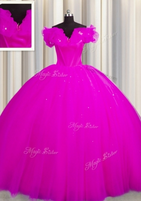Modest Fuchsia Quinceanera Dress Military Ball and Sweet 16 and Quinceanera and For with Ruching Off The Shoulder Short Sleeves Court Train Lace Up
