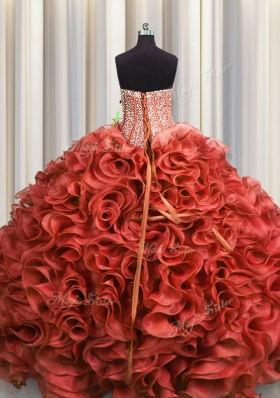 Most Popular Visible Boning Sleeveless Floor Length Beading and Ruffles Lace Up Sweet 16 Dress with Rust Red