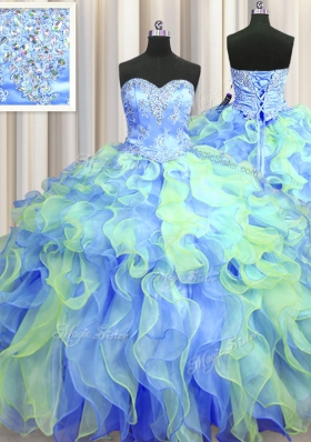 Multi-color Ball Gowns Beading and Appliques and Ruffles Sweet 16 Dress Lace Up Organza Sleeveless Floor Length