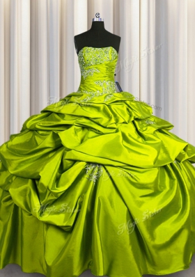 Olive Green Taffeta Lace Up Sweet 16 Dresses Sleeveless Floor Length Beading and Pick Ups