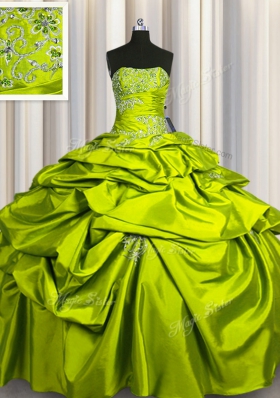 Olive Green Taffeta Lace Up Sweet 16 Dresses Sleeveless Floor Length Beading and Pick Ups