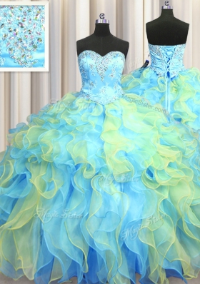 Perfect Multi-color Sleeveless Floor Length Beading and Appliques and Ruffles Lace Up Quinceanera Gown