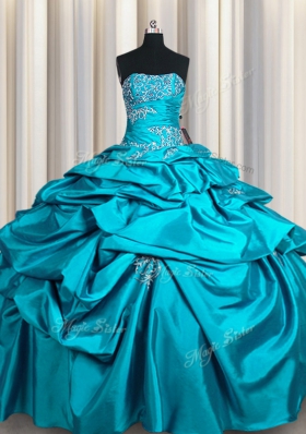 Pick Ups Floor Length Teal 15 Quinceanera Dress Strapless Sleeveless Lace Up
