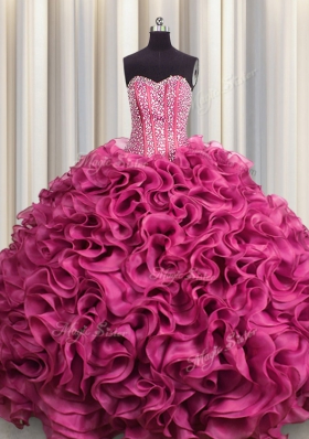 Pretty Visible Boning Hot Pink Sweetheart Lace Up Beading and Ruffles Quince Ball Gowns Sleeveless