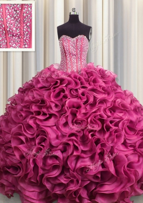 Pretty Visible Boning Hot Pink Sweetheart Lace Up Beading and Ruffles Quince Ball Gowns Sleeveless