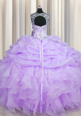 Scoop See Through Floor Length Lavender Sweet 16 Quinceanera Dress Organza Sleeveless Beading and Ruffles and Pick Ups