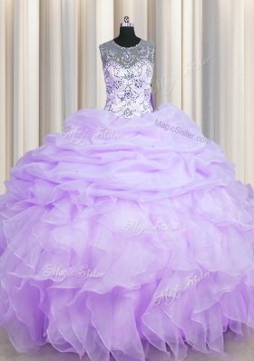 Scoop See Through Floor Length Lavender Sweet 16 Quinceanera Dress Organza Sleeveless Beading and Ruffles and Pick Ups