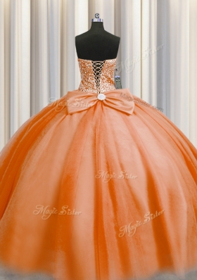 Sexy Puffy Skirt Orange Red Tulle Lace Up Sweetheart Sleeveless Floor Length Quinceanera Gown Beading