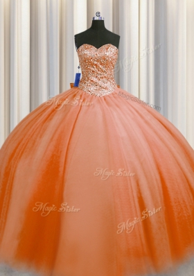 Sexy Puffy Skirt Orange Red Tulle Lace Up Sweetheart Sleeveless Floor Length Quinceanera Gown Beading