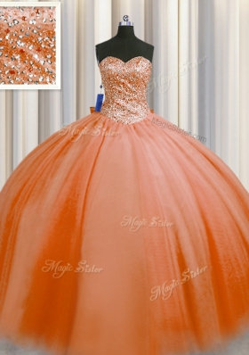 Sexy Puffy Skirt Orange Red Tulle Lace Up Sweetheart Sleeveless Floor Length Quinceanera Gown Beading